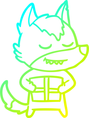 Bir insan tarafından çizilmiş Noel hediyesini taşıyan dost canlısı bir kurdun soğuk gradyan çizimi