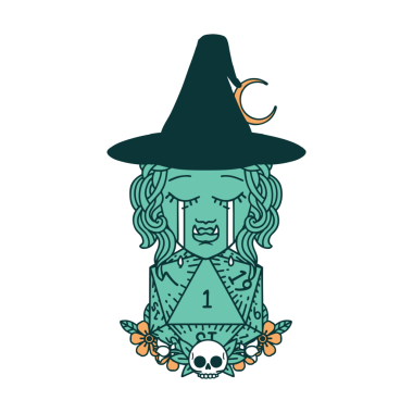 Hüzünlü yarı ork cadı karakteri ikonu. Bir insan tarafından çizilmiş doğal bir D20 rulosu.