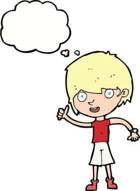 Bir insan tarafından çizilen düşünce baloncuğuyla pozitif tavırlı çizgi film çocuğu.