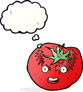 Bir insan tarafından çizilmiş düşünce baloncuklu domates.