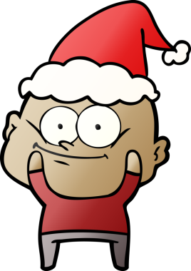 Bir insan tarafından çizilmiş Noel Baba şapkası giymiş kel bir adamın el çizimi karikatürü.