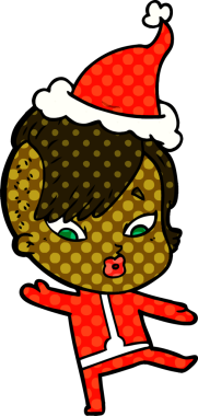 El çizimi çizgi roman tarzı bir illüstrasyon. Bilim kurgu giysileri içinde Noel Baba şapkası giyen bir kız. Bir insan tarafından çizilmiş.