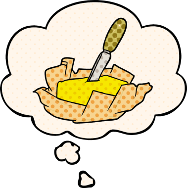 Düşünce baloncuğu olan çizgi film tereyağı bir insan tarafından çizilmiş.