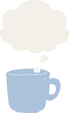 Düşünce baloncuklu çizgi film kahve fincanı insan tarafından çizilmiş.