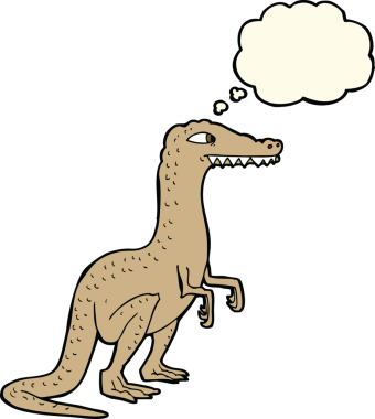 Bir insan tarafından çizilmiş düşünce baloncuklu bir dinozor.