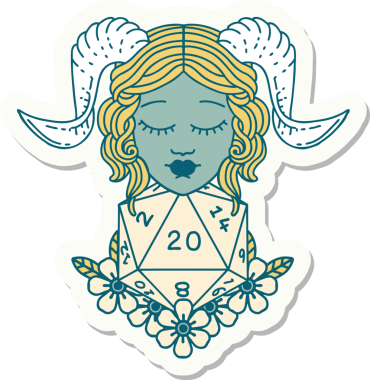 Bir insan tarafından çizilmiş doğal yirmi zarla yapıştırılmış bir etiket.