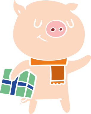 Bir insan tarafından çizilmiş mutlu düz renkli çizgi film domuzu.