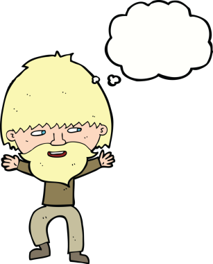 Bir insan tarafından çizilmiş düşünce balonlu sakallı mutlu adam çizgi filmi.