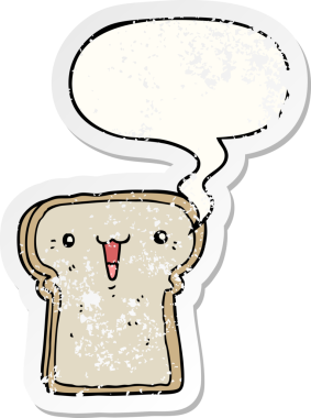 Konuşma baloncuğu olan sevimli çizgi film çizimi bir insan tarafından çizilmiş sıkıntılı eski bir çıkartma