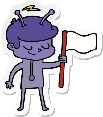 Bir insan tarafından çizilmiş beyaz bayrağı olan dost canlısı bir uzay adamının çıkartması.