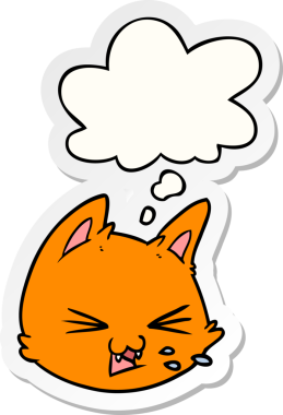 Bir insan tarafından çizilmiş bir çıkartma gibi düşünce balonlu çizgi film kedi yüzü tükürüyor.