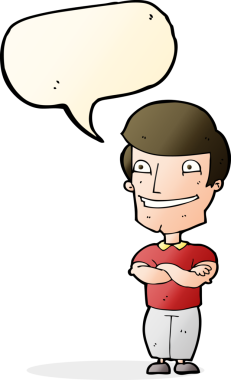 Bir insan tarafından çizilmiş konuşma balonuyla sırıtan çizgi film adamı.