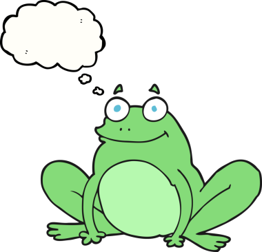 Bir insan tarafından çizilmiş serbest çizim düşünce balonu çizgi filmi mutlu kurbağa