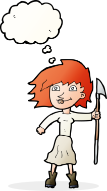 Bir insan tarafından çizilmiş düşünce balonlu mızraklı karikatür kadın.