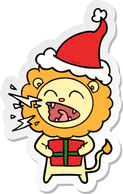 Kükreyen bir aslanın el yazısı. Bir insan tarafından çizilmiş Noel Baba şapkası takıyor.
