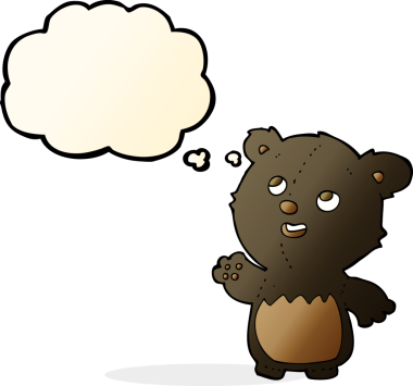 Bir insan tarafından çizilmiş düşünce baloncuğu olan mutlu küçük oyuncak ayı.