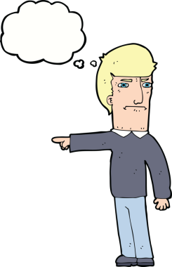 Bir insan tarafından çizilen düşünce baloncuğuyla işaret eden çizgi film adamı.