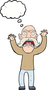 Bir insan tarafından çizilmiş düşünce baloncuğu olan kızgın yaşlı bir adam.