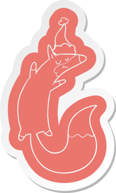 Bir insan tarafından çizilmiş Noel Baba şapkası giymiş zıplayan tilki çıkartması.