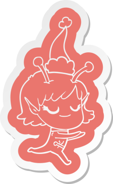 Gülümseyen uzaylı kız çizgi film çıkartması. Bir insan tarafından çizilmiş Noel Baba şapkası takıyor.