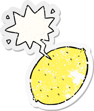 Konuşma baloncuğu olan karikatür limonu bir insan tarafından çizilmiş sıkıntılı eski bir çıkartma