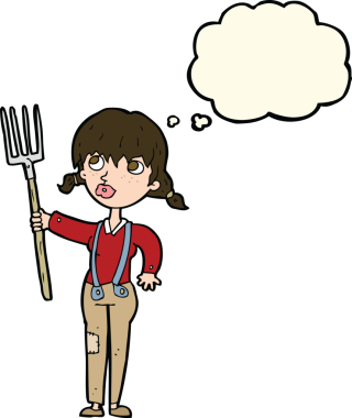 Bir insan tarafından çizilmiş düşünce balonlu çiftçi kız.