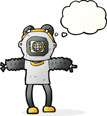 Bir insan tarafından çizilmiş düşünce balonlu derin deniz dalgıcı.