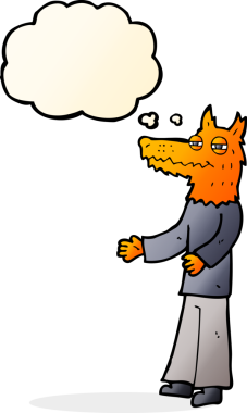 Bir insan tarafından çizilmiş düşünce balonlu tilki adam.