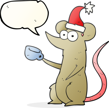 Bir insan tarafından çizilmiş Noel şapkası giyen serbest konuşma balonu çizgi film faresi.