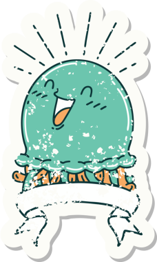 Dövme stili eski bir çıkartma. Bir insan tarafından çizilmiş mutlu denizanası.