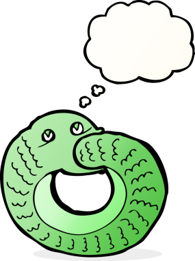 Bir insan tarafından çizilmiş düşünce balonuyla kendi kuyruğunu yiyen çizgi film yılanı.