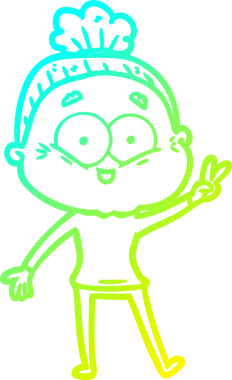 Bir insan tarafından çizilmiş, mutlu, yaşlı bir kadının çizimi.