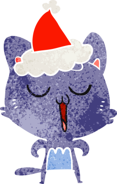 Bir insan tarafından çizilmiş Noel Baba şapkası takan bir kedinin retro çizgi filmi.