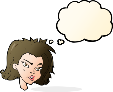 Bir insan tarafından çizilmiş düşünce baloncuklu kadın yüzü.