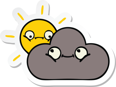 Bir insan tarafından çizilmiş şirin bir fırtına bulutu ve güneş çıkartması.