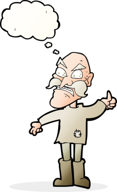 Bir insan tarafından çizilmiş konuşma baloncuğu olan yamalı giysili yaşlı bir adam.