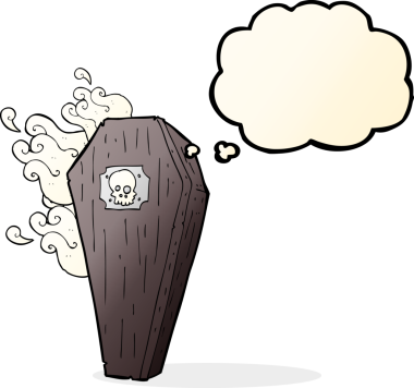 Bir insan tarafından çizilmiş düşünce baloncuklu ürkütücü karikatür tabut.