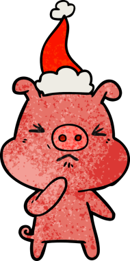 Bir insan tarafından çizilmiş Noel Baba şapkası giymiş kızgın bir domuzun el çizimi karikatürü.
