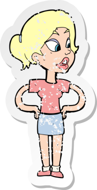 Bir insan tarafından çizilmiş kalçasında elleri olan bir karikatür kadının gerilmiş çıkartması.