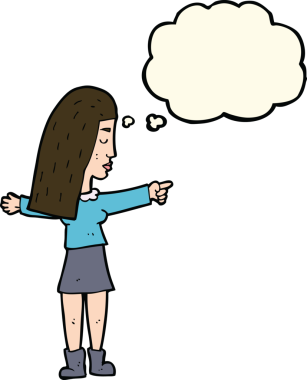 Bir insan tarafından çizilmiş düşünce balonuyla işaret eden çizgi film kadını.