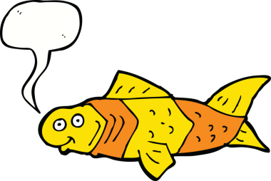 Bir insan tarafından çizilmiş konuşma balonlu komik bir balık.