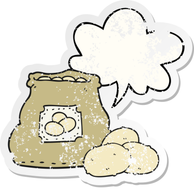 Bir insan tarafından çizilmiş, sıkıntılı, eski bir çıkartma olan, konuşma balonlu bir patates çantası.