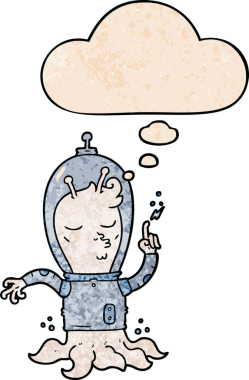 Bir insan tarafından çizilmiş grunge desenli düşünce baloncuğu olan bir uzaylı çizgi filmi.