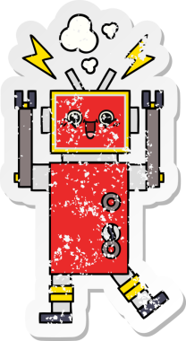Bir insan tarafından çizilmiş sevimli bir robot çizgi film çıkartması.
