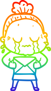 Karikatür çizen yaşlı bir kadın, bir insan tarafından çizilmiş bir mektupla ağlıyor.