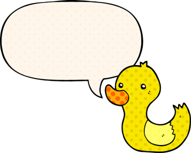 Bir insan tarafından çizilmiş çizgi roman tarzında konuşma baloncuğu olan çizgi film ördeği.