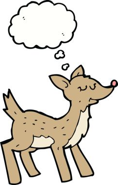 Bir insan tarafından çizilmiş düşünce baloncuklu şirin bir karikatür geyiği.