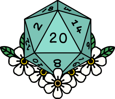 Retro Dövme Biçimi Doğal 20 D20 zar bir insan tarafından çizilmiş çiçek elementleriyle