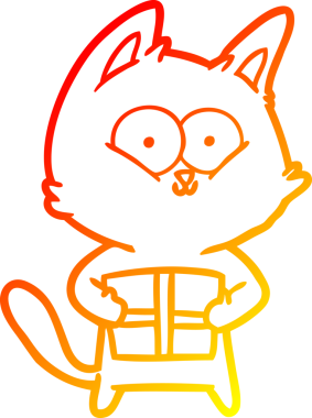 Bir insan tarafından çizilmiş Noel hediyesini taşıyan çizgi film kedisinin sıcak çizgi çizimi