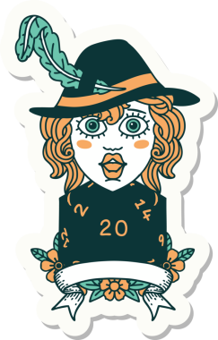 Bir insan ozan karakterinin çıkartması. Bir insan tarafından çizilmiş doğal 20 zar.